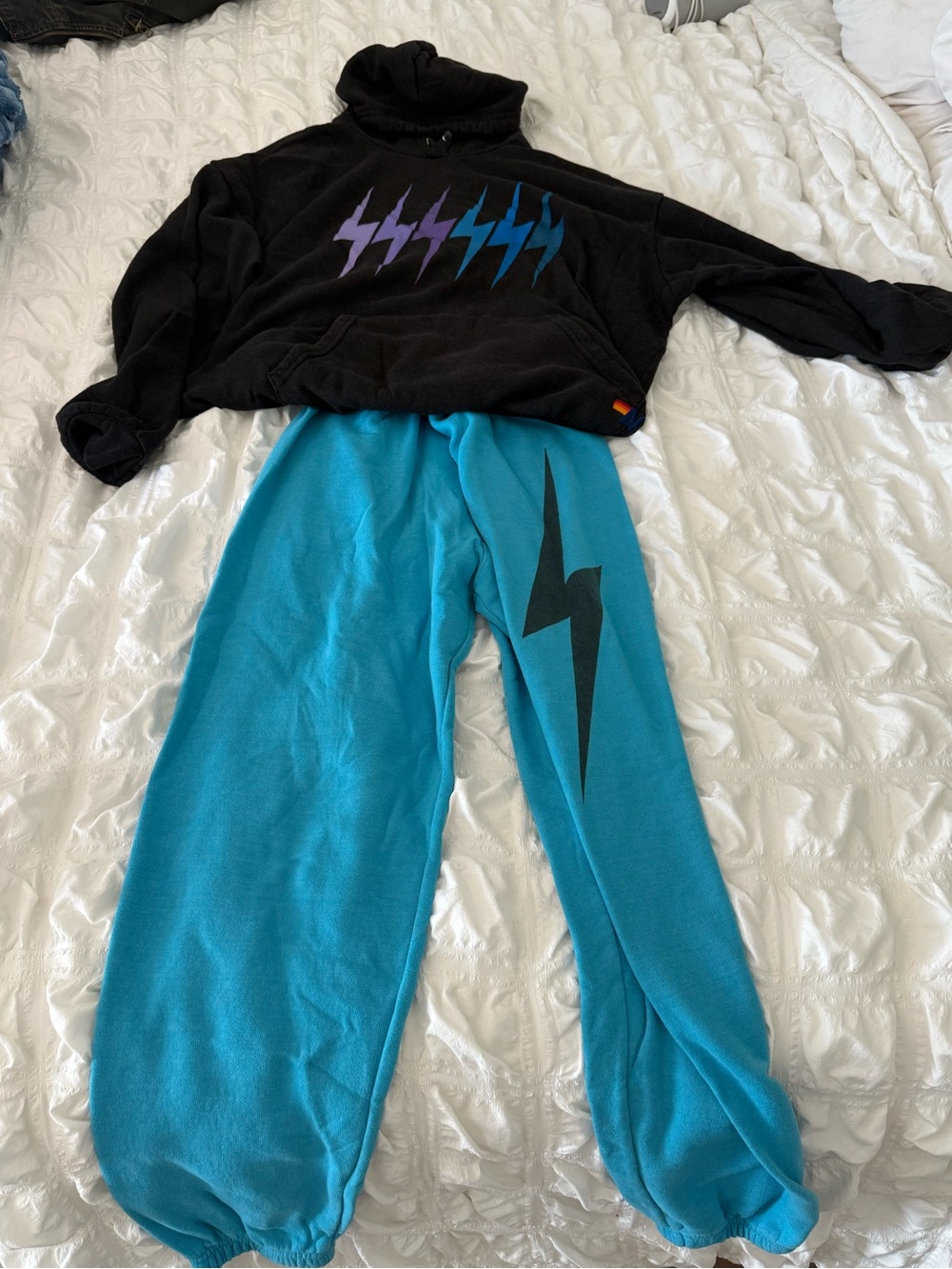 Aviator Nation Teal Lightning Sweatpants with Black Gradient Bolt Sweatshirt